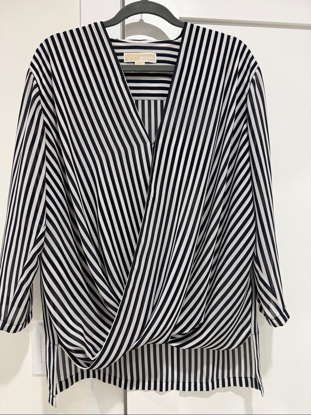 Michael Kors Black & White Striped Twist-Front V-Neck Blouse